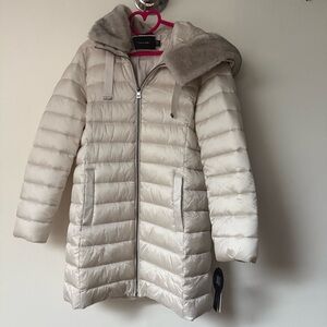 Tahari Light Beige Puffer Coat with Faux Fur Trim